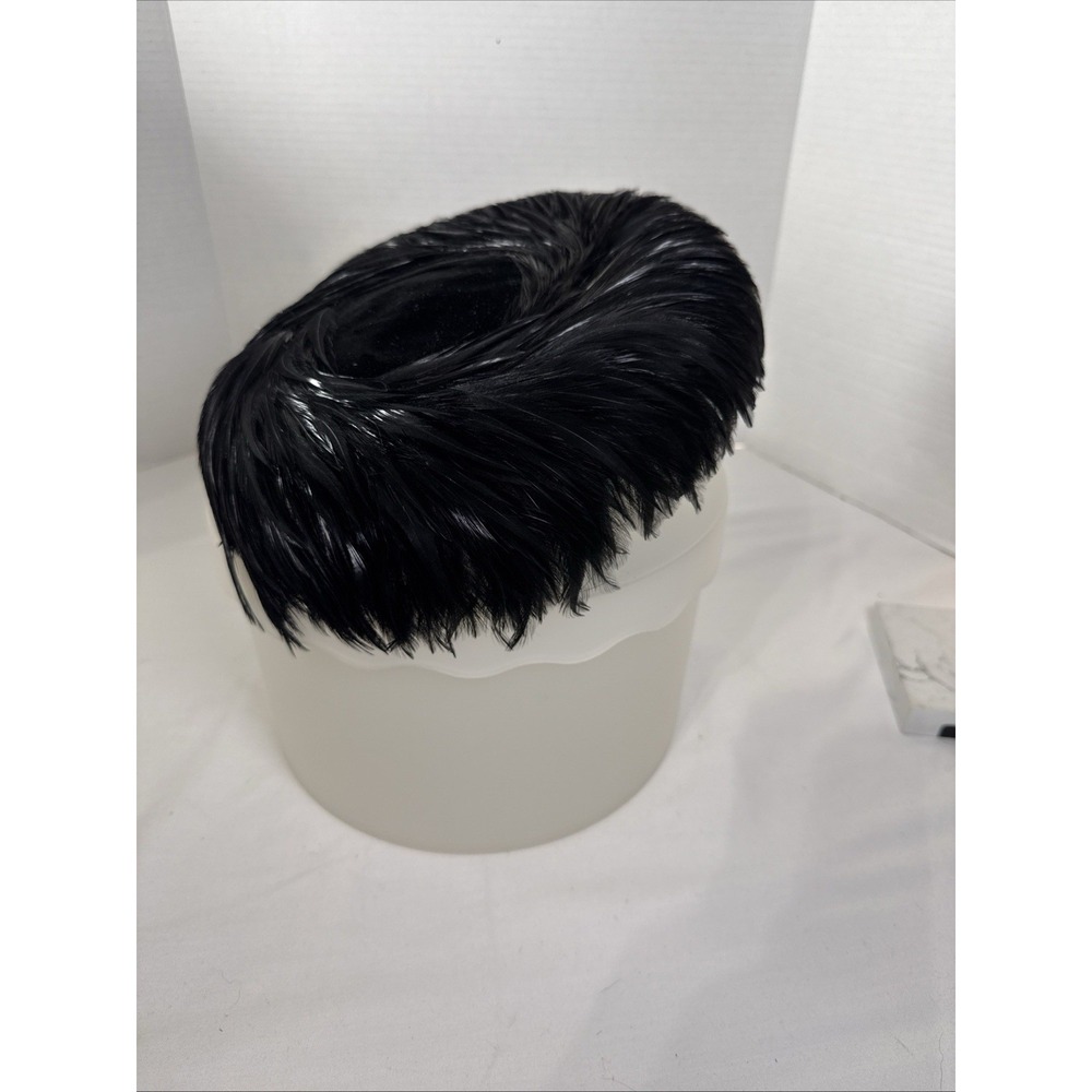 Vintage French Room Design? Black Feather Pill Box Hat Size M 6" With Hard Box.